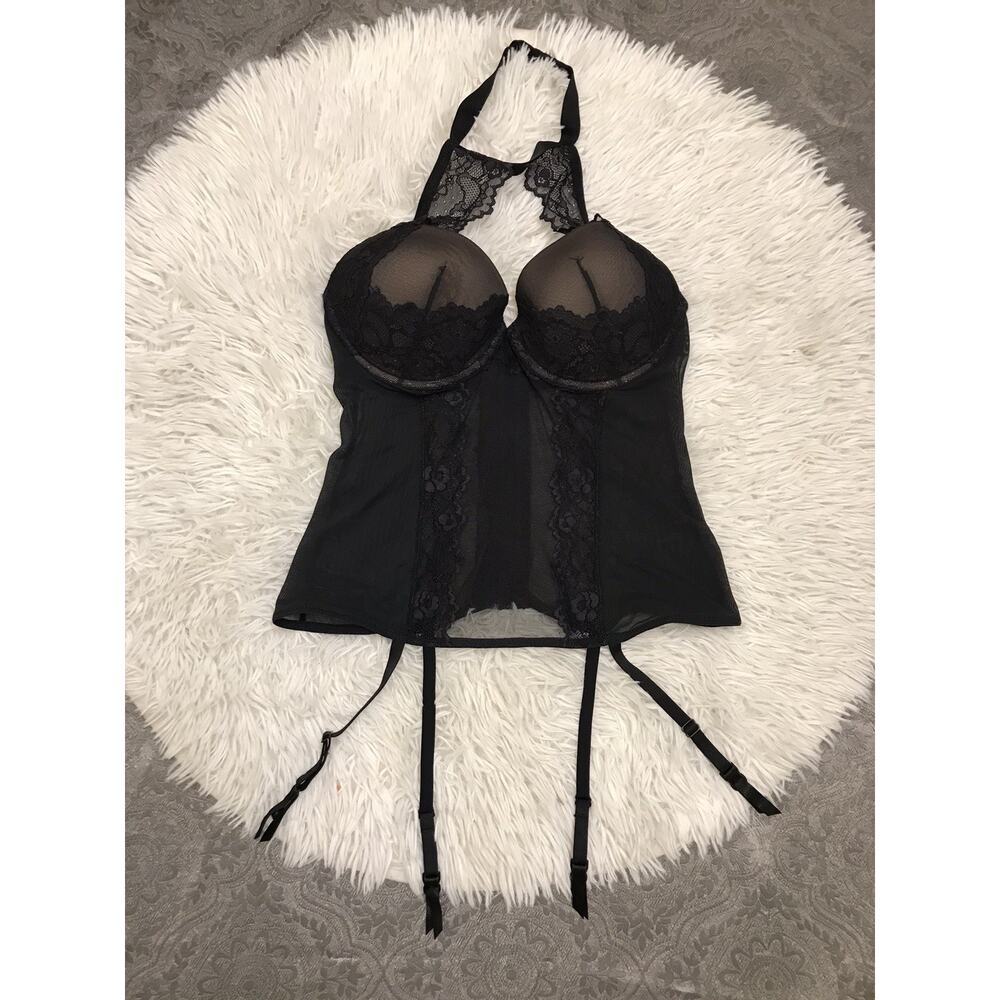 Adore me sexy Blk Halter Turtle Neck Lace Corset front garter straps 34D Padded